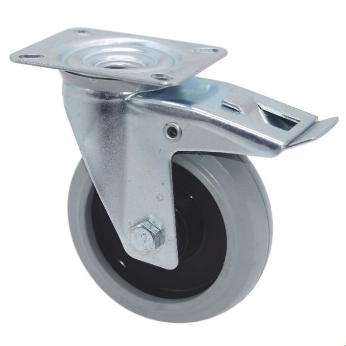 Rubber zwenkwiel met rem 125 mm - kogellager - 220 kg