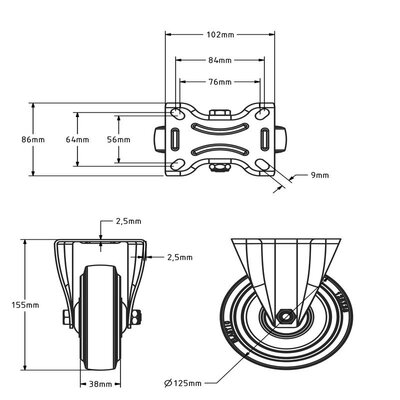 Rubber bokwiel 125 mm - kogellager - 220 kg