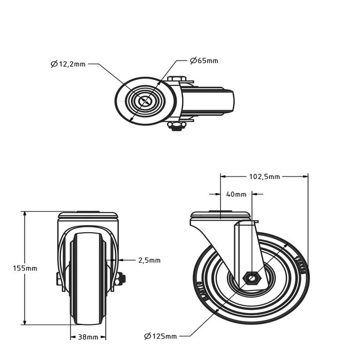 Rubber zwenkwiel 125 mm - kogellager - 220 kg