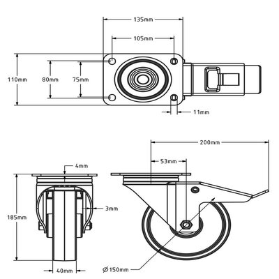 Nylon zwenkwiel met rem 150 mm - rollager - 300 kg