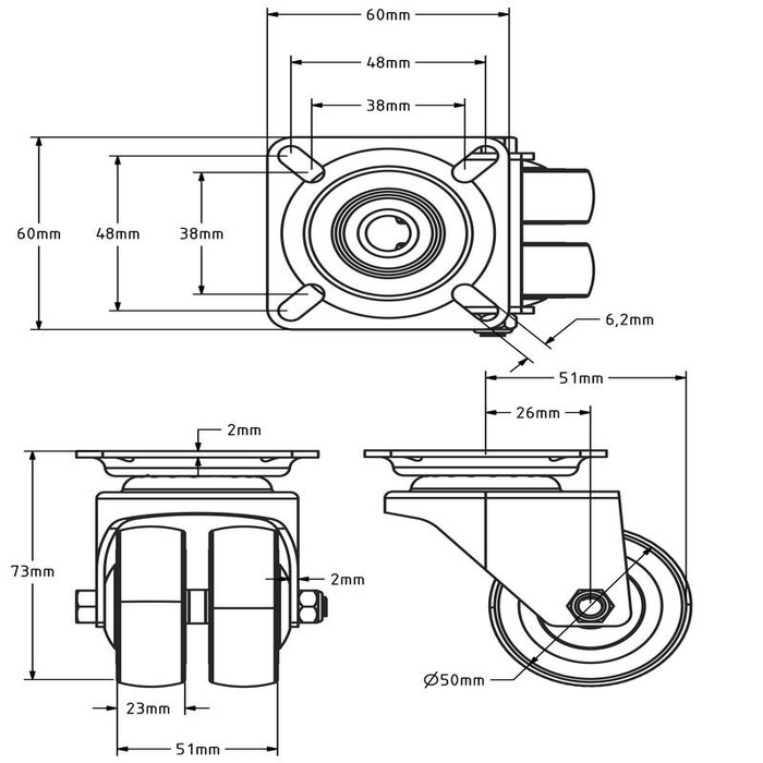 Dubbel zwart zwenkwiel 50 mm - plaat - 80 kg