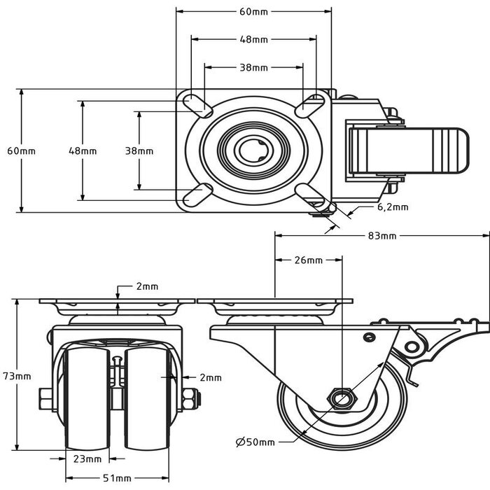 Dubbel zwart zwenkwiel met rem 50 mm - plaat - 80 kg