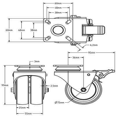 Dubbel zwart zwenkwiel met rem 75 mm - plaat - 100 kg