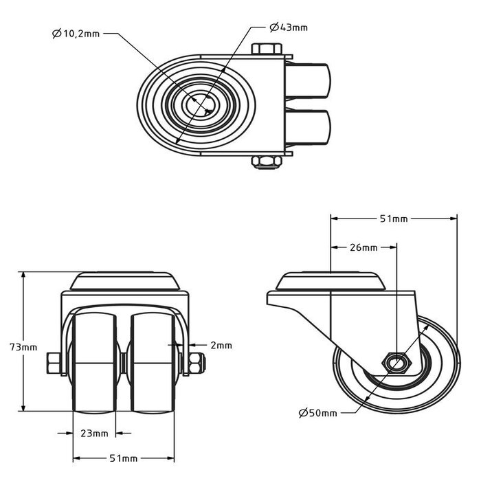 Dubbel zwart zwenkwiel 50 mm - boutgat - 80 kg