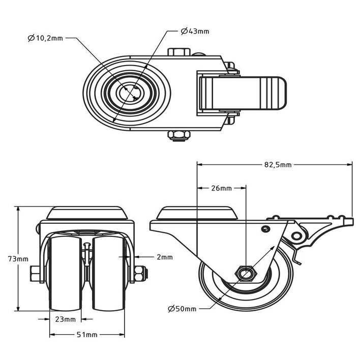 Dubbel zwart zwenkwiel met rem 50 mm - boutgat - 80 kg