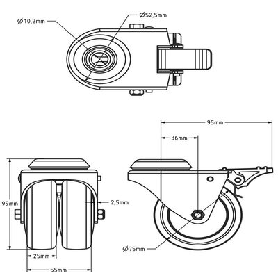 Dubbel zwart zwenkwiel met rem 75 mm - boutgat - 120 kg