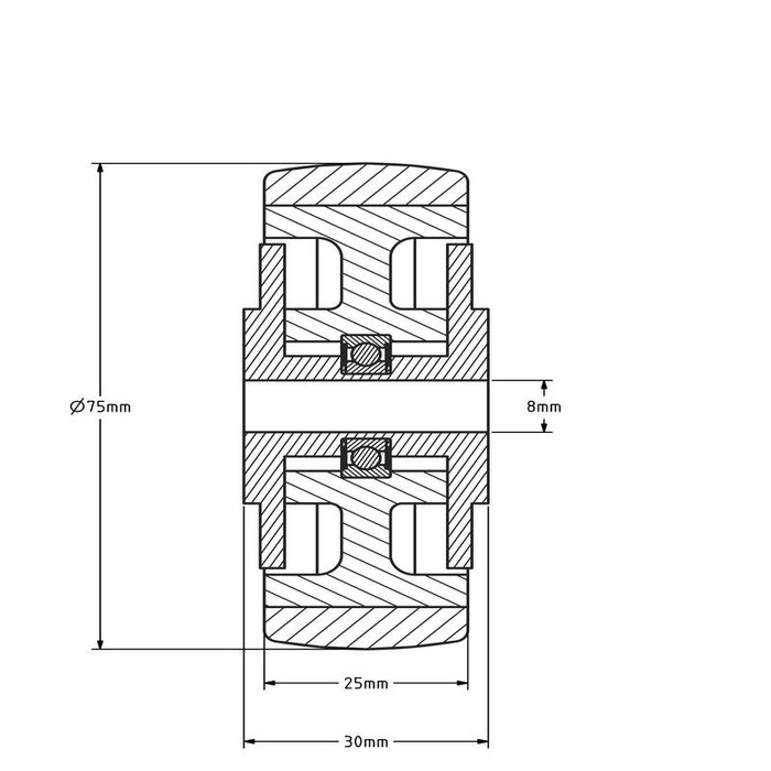 Rubber wiel 75 mm - kogellager asgat 8 mm - 75 kg