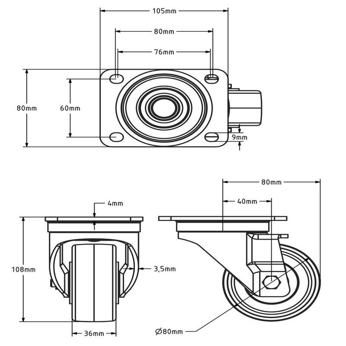 Nylon zwenkwiel 80 mm - kogellager - 200 kg
