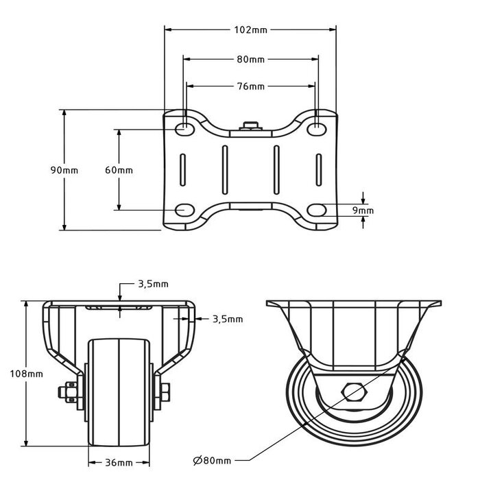 Nylon bokwiel 80 mm - kogellager - 200 kg