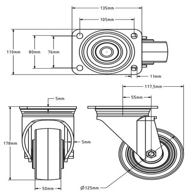 Nylon zwenkwiel 125 mm - kogellager - 700 kg