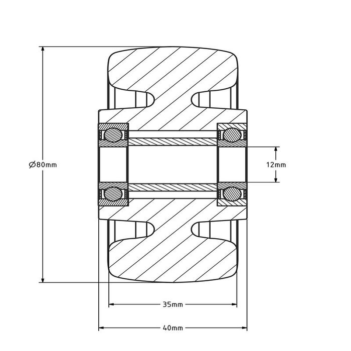 PU wiel 80 mm - kogellager asgat 12 mm - 135 kg