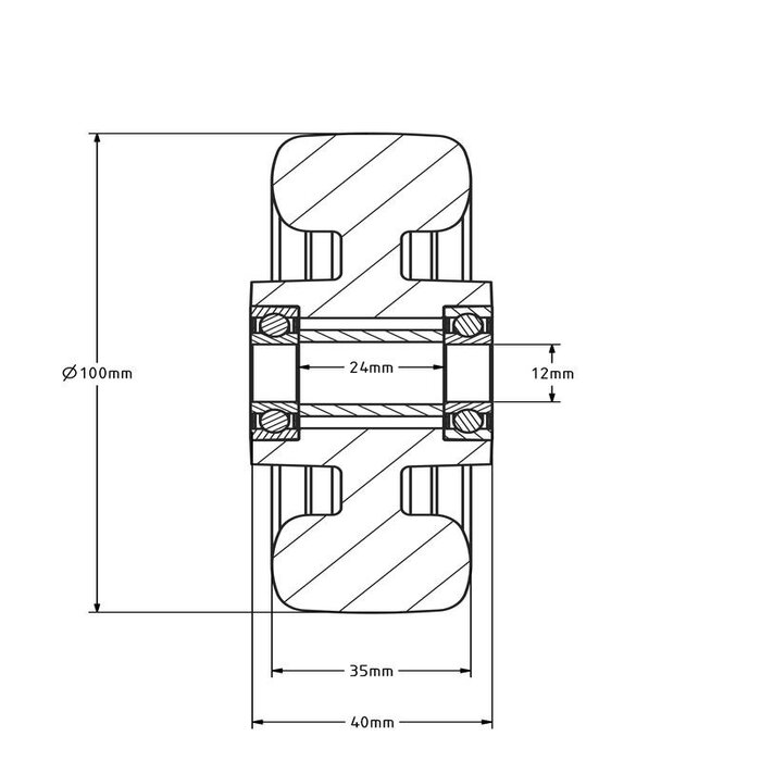 PU wiel 100 mm - kogellager asgat 12 mm - 180 kg