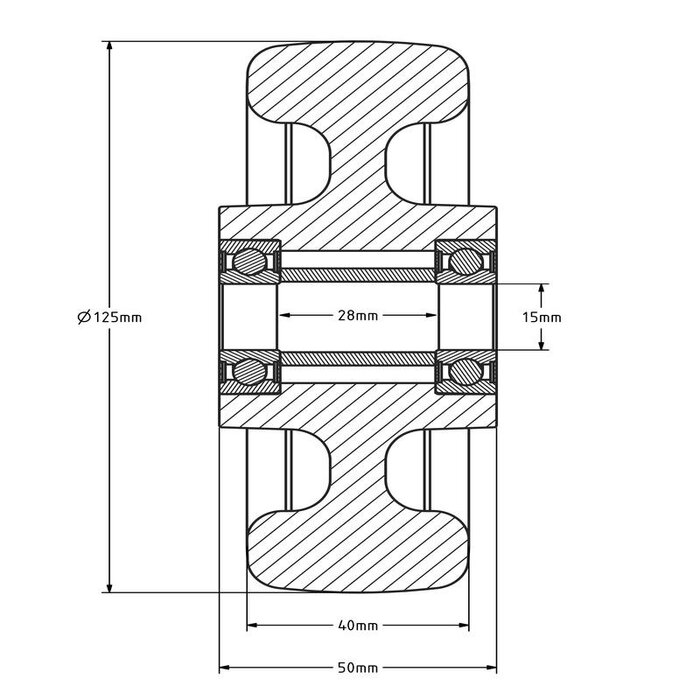 PU wiel 125 mm - kogellager asgat 15 mm - 200 kg