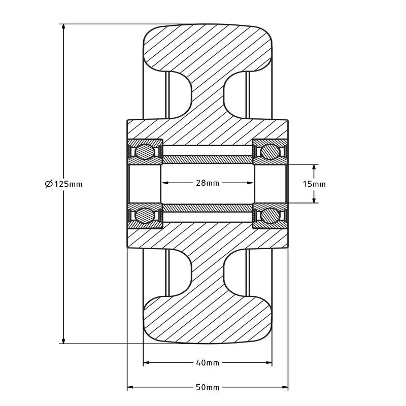 PU wiel 125 mm - kogellager asgat 15 mm - 200 kg