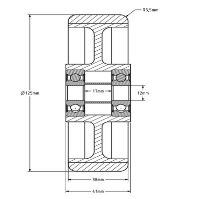 PU wiel 125 mm - kogellager asgat 12 mm - 300 kg