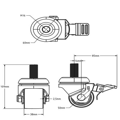 Nylon zwaarlast zwenkwiel met rem 50 mm - 300 kg