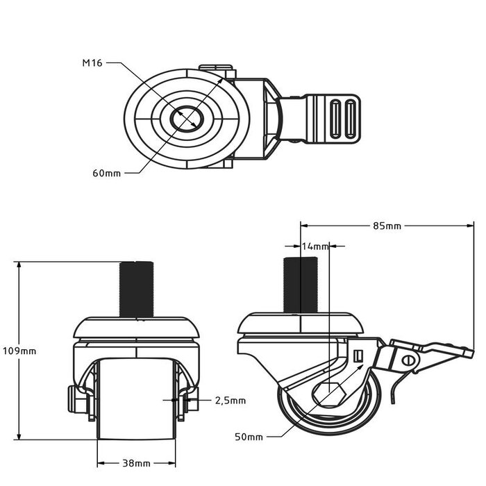 Nylon zwaarlast zwenkwiel met rem 50 mm - 300 kg