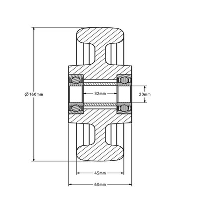 Nylon wiel 160 mm - kogellager asgat 20 mm - 700 kg