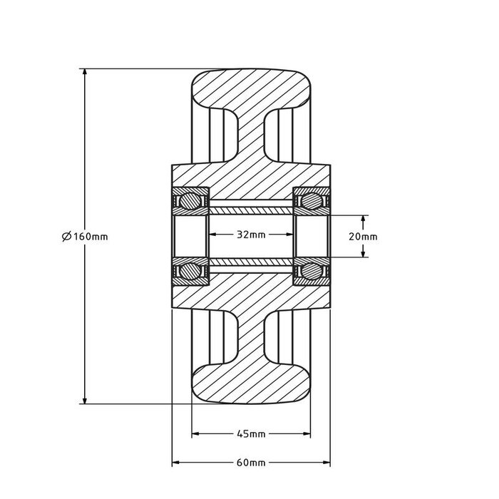 Nylon wiel 160 mm - kogellager asgat 20 mm - 700 kg