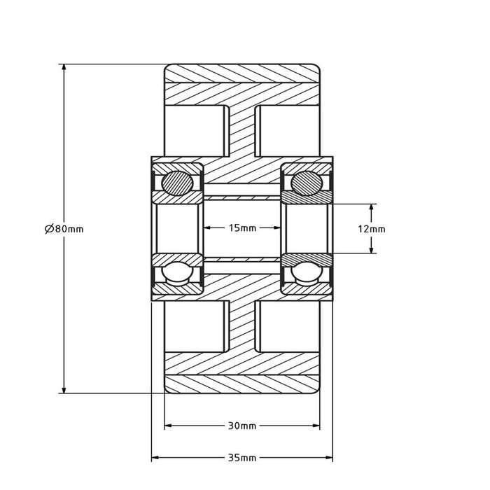 PU wiel 80 mm - kogellager asgat 12 mm - 220 kg