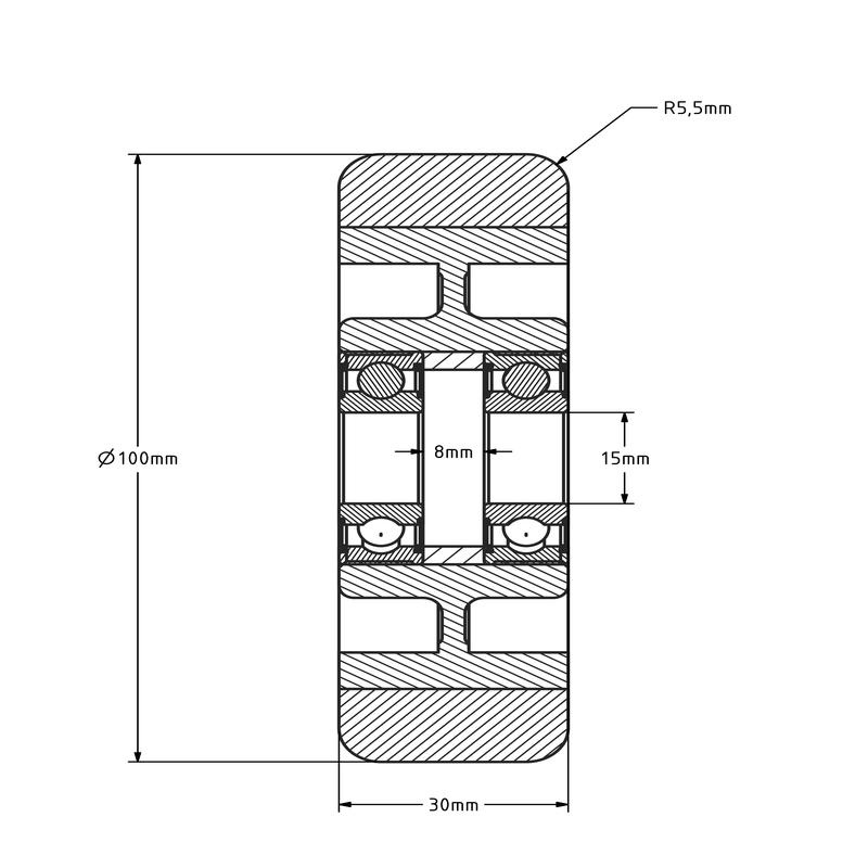 PU wiel 100 mm - kogellager asgat 15 mm - 250 kg