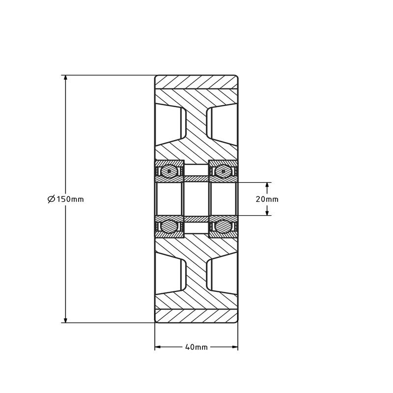 PU wiel 150 mm - kogellager asgat 20 mm - 700 kg