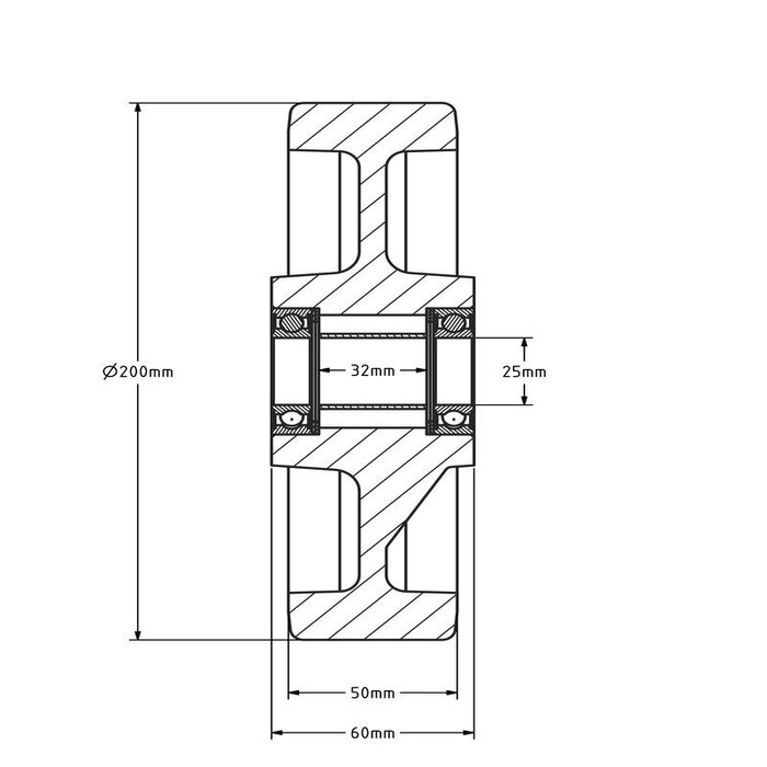PU wiel 200 mm - kogellager asgat 25 mm - 1000 kg