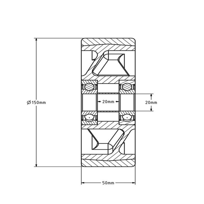 PU wiel 150 mm - kogellager asgat 20 mm - 700 kg