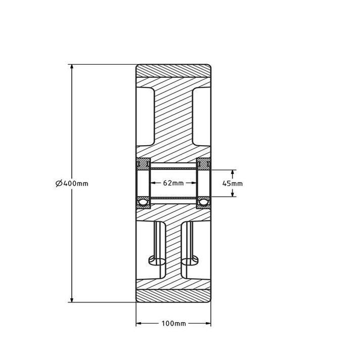PU wiel 400 mm - kogellager asgat 45 mm - 4000 kg