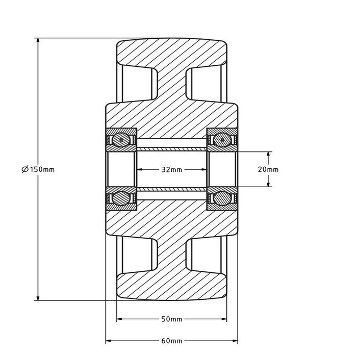 Nylon wiel 150 mm - kogellager asgat 20 mm - 1000 kg
