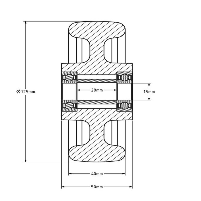 Nylon wiel 125 mm - kogellager asgat 15 mm - 400 kg