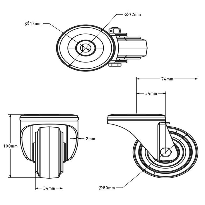 Zwart zwenkwiel 80 mm - rollager - 100 kg