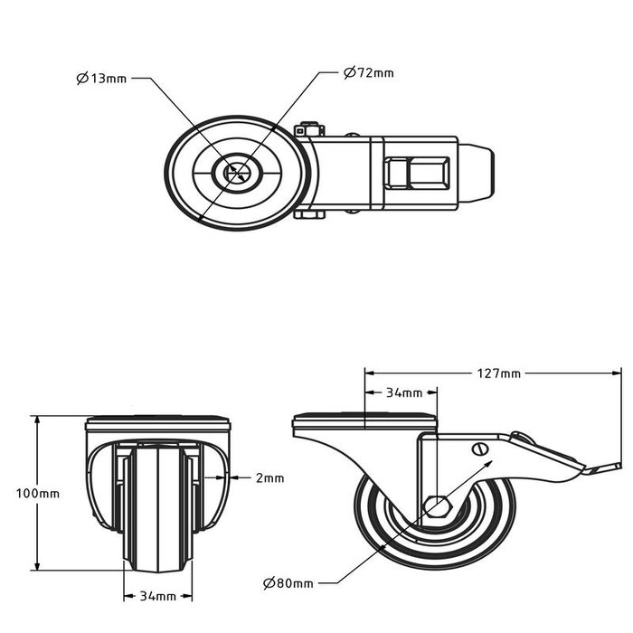 Zwart zwenkwiel met rem 80 mm - rollager  - 100 kg