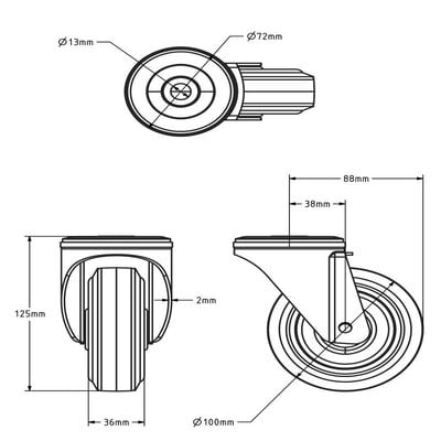 Zwart zwenkwiel 100 mm - rollager - 150 kg