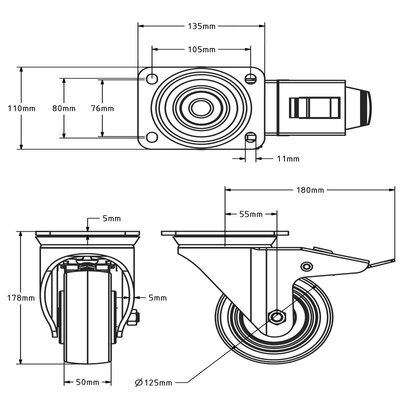 Nylon zwenkwiel met rem 125 mm - kogellager - 700 kg