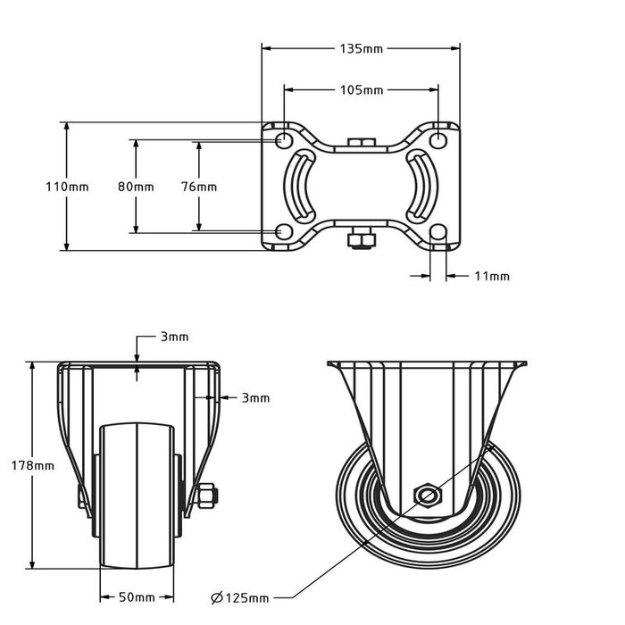Nylon bokwiel 125 mm - kogellager - 700 kg