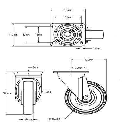 Nylon zwenkwiel 160 mm - kogellager - 700 kg