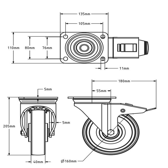 Nylon zwenkwiel met rem 160 mm - kogellager - 700 kg