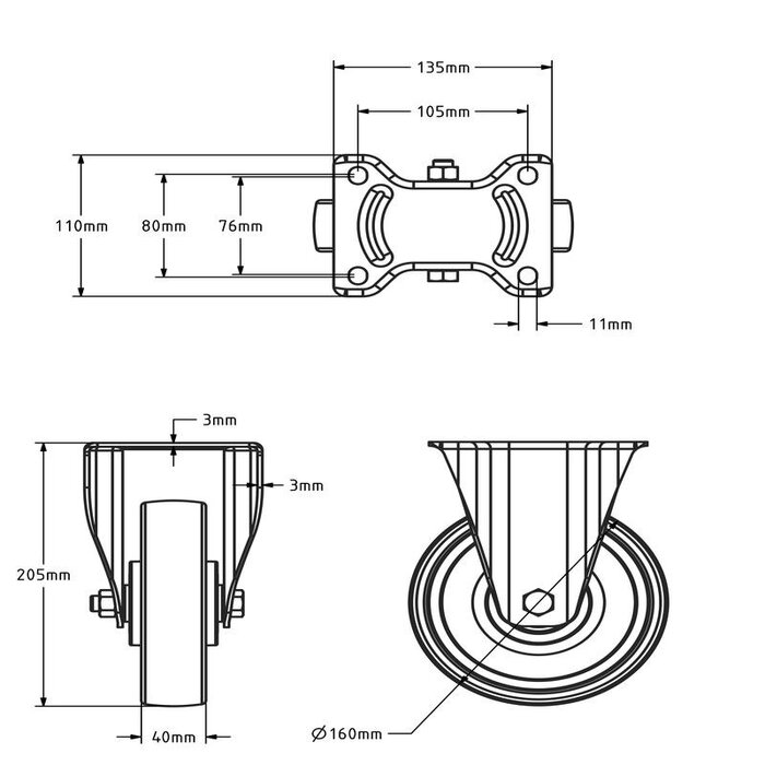 Nylon bokwiel 160 mm - kogellager - 700 kg