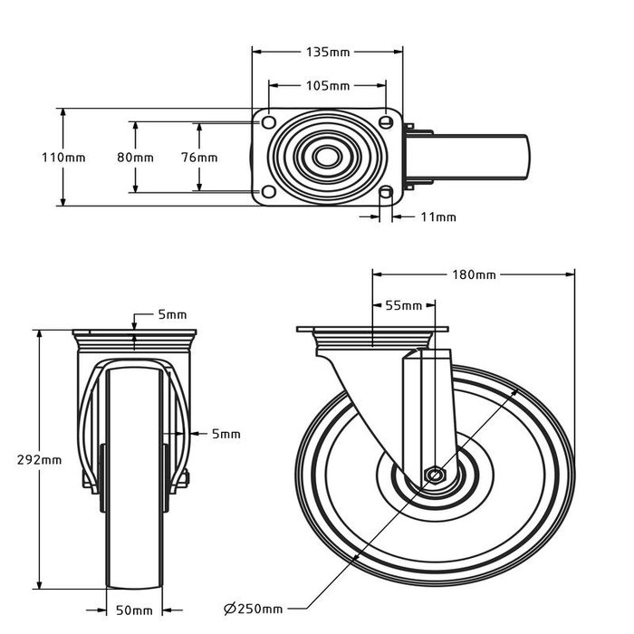 Nylon zwenkwiel 250 mm - kogellager - 1200 kg