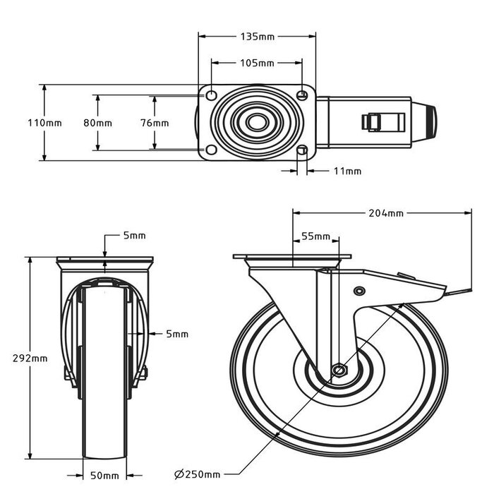 Nylon zwenkwiel met rem 250 mm - kogellager - 1000 kg