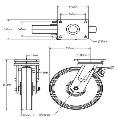 Zwaarlast nylon zwenkwiel met rem 300 mm - kogellager - 2000 kg
