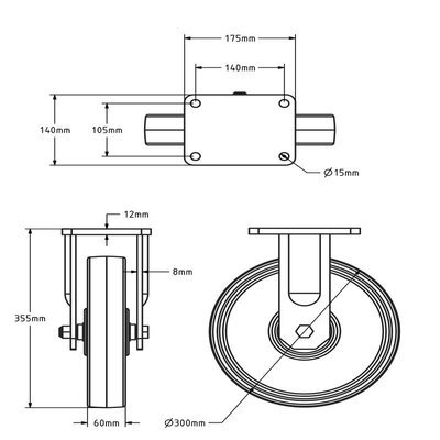 Zwaarlast nylon bokwiel 300 mm - kogellager - 2000 kg