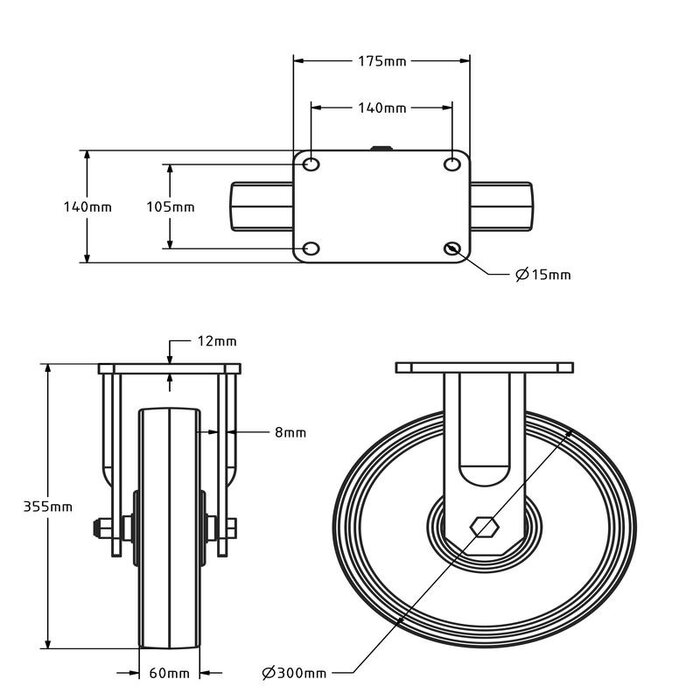 Zwaarlast nylon bokwiel 300 mm - kogellager - 2000 kg