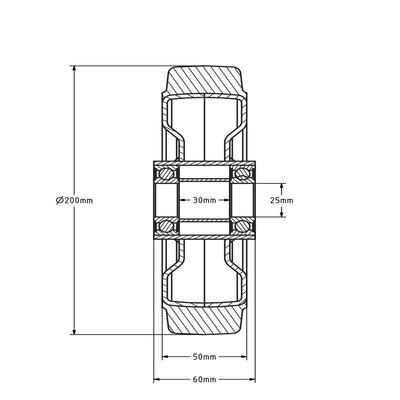 Rubber wiel 200 mm - kogellager asgat 25 mm - 550 kg
