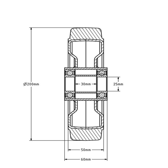 Rubber wiel 200 mm - kogellager asgat 25 mm - 550 kg