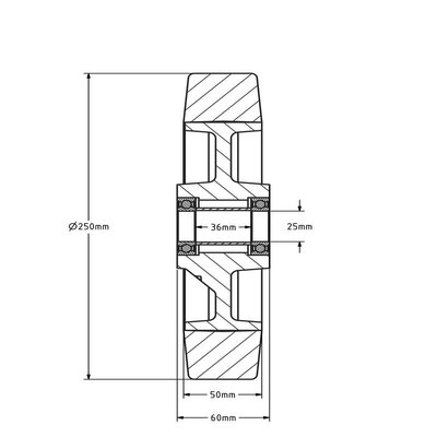 Rubber wiel 250 mm - kogellager asgat 25 mm - 500 kg