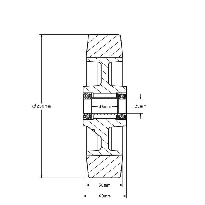 Rubber wiel 250 mm - kogellager asgat 25 mm - 500 kg