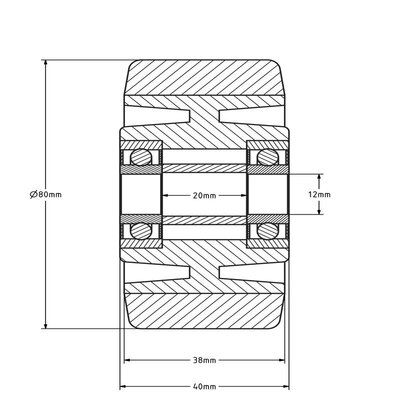 Rubber wiel 80 mm - kogellager asgat 12 mm - 120 kg