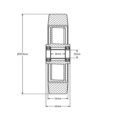 Rubber wiel 250 mm - kogellager asgat 25 mm - 500 kg